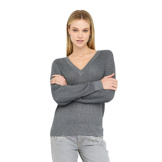 Maglia Donna a coste con scollo a V Grigio modella frontale