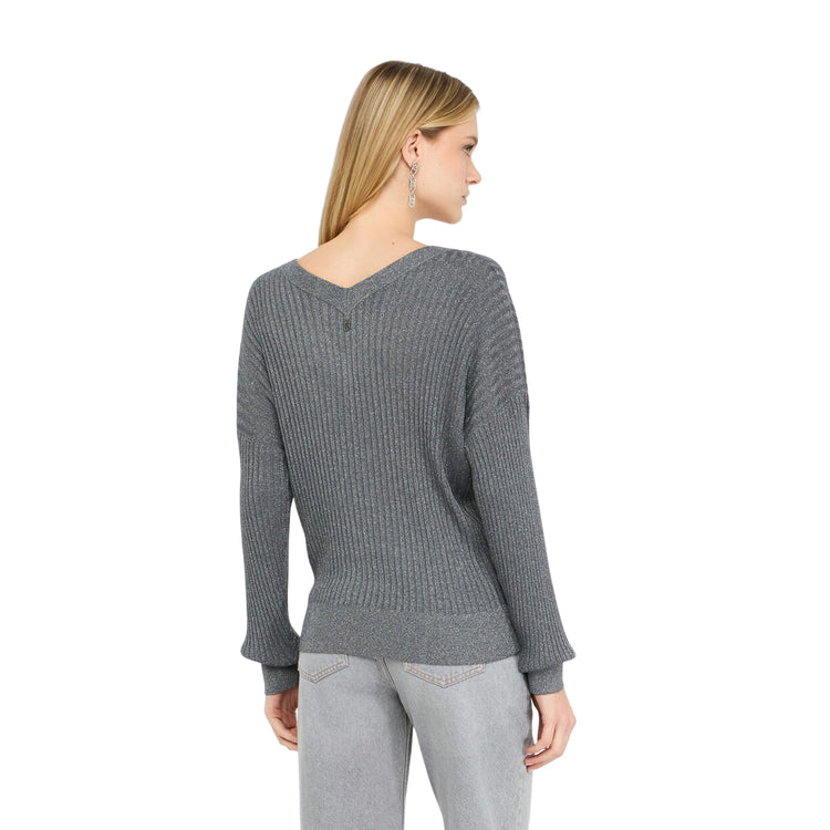 Maglia Donna a coste con scollo a V Grigio modella retro