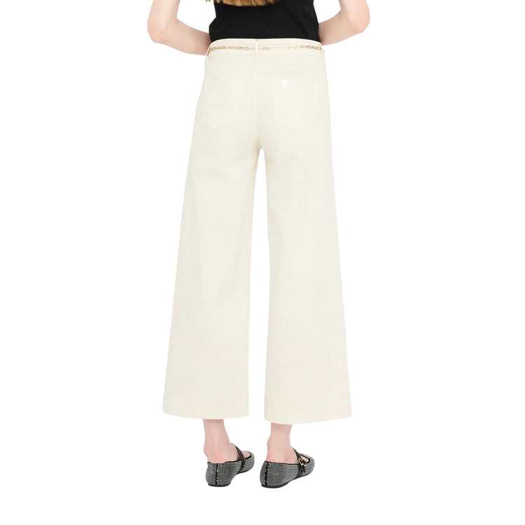 Pantaloni Donna flare cropped Beige chiaro modella retro