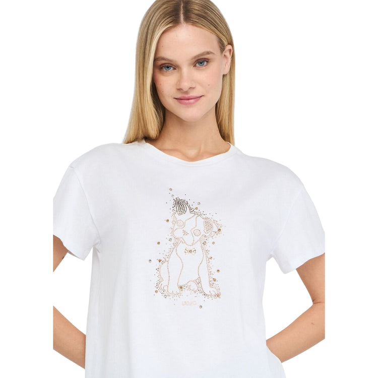 T-shirt Donna con grafica cane con strass Bianco modella frontale ravvicinata