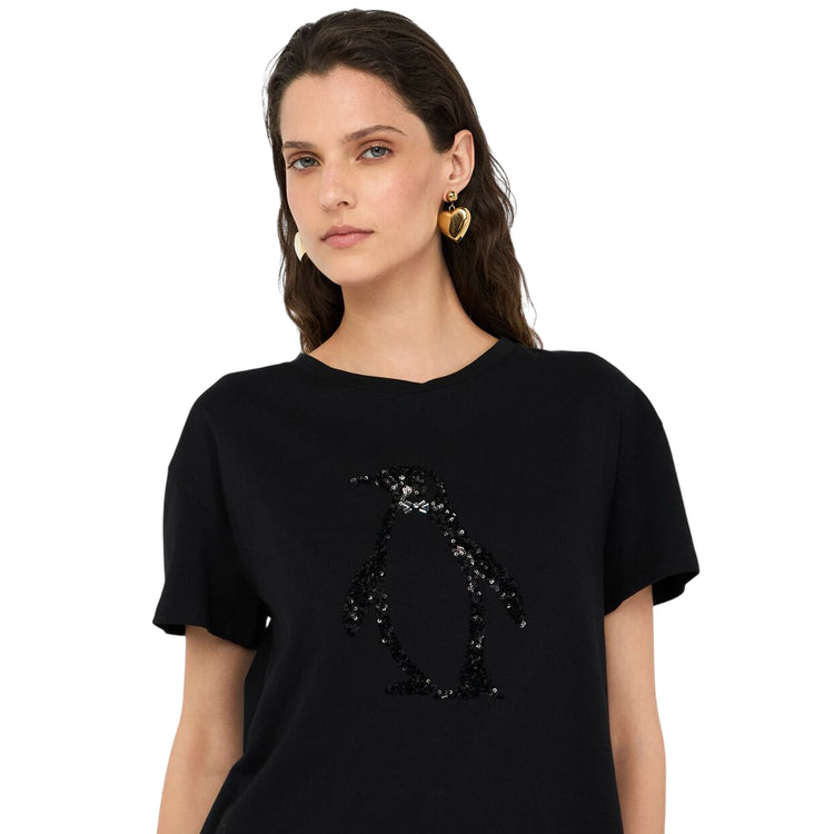 T-shirt Donna con grafica pinguino con paillettes Nero modella frontale ravvicinata