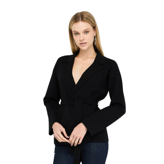 Giacca Donna con cintura sur ton Nero modella frontale