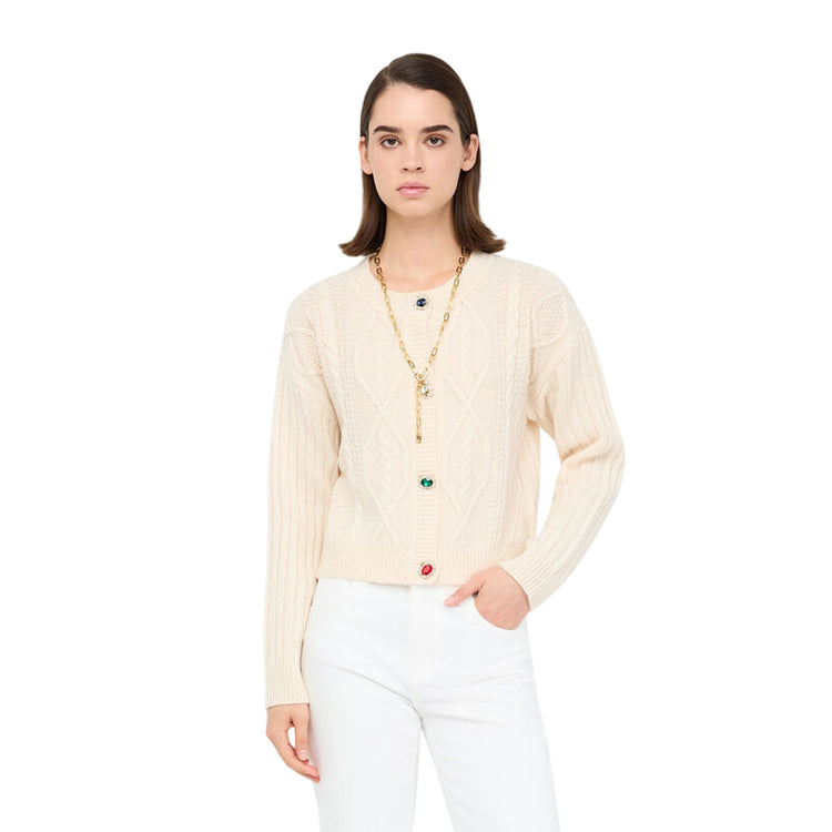 Cardigan Donna in lana Beige con bottoni gioiello modella frontale