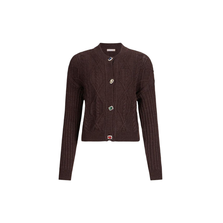 Cardigan Donna in lana Marrone con bottoni gioiello
