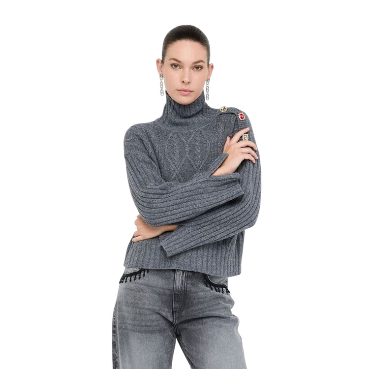 Dolcevita Donna in lana con bottoni gioiello Grigio modella frontale