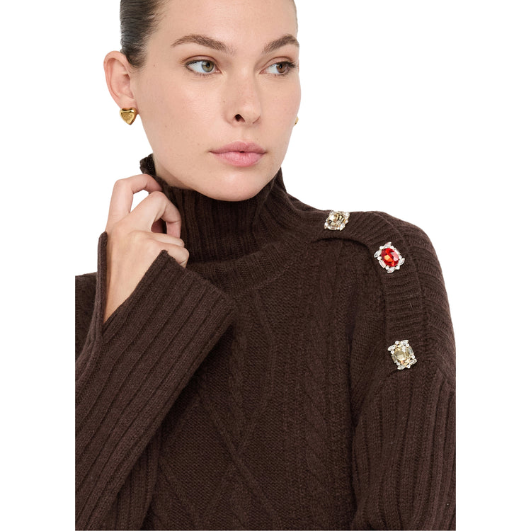 Dolcevita Donna in lana con bottoni gioiello Marrone dettaglio