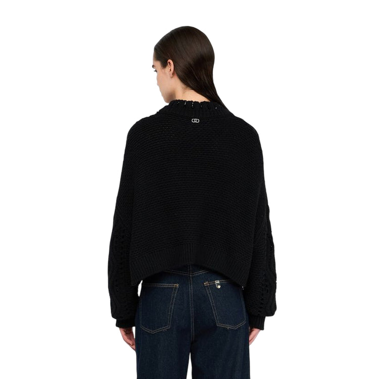 Maglia Donna in lana nera con traforature modella retro