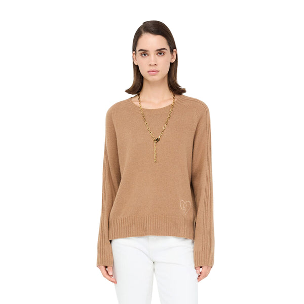 Maglia Donna in misto lana con intarsi Marrone modella frontale