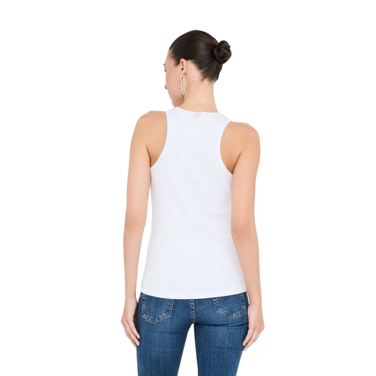 Top Donna con gioielli applicati frontalmente Bianco modella retro