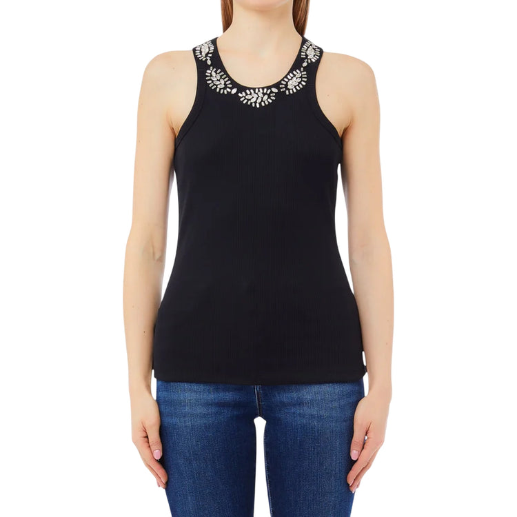 Top Donna con applicazioni gioiello Nero modella frontale