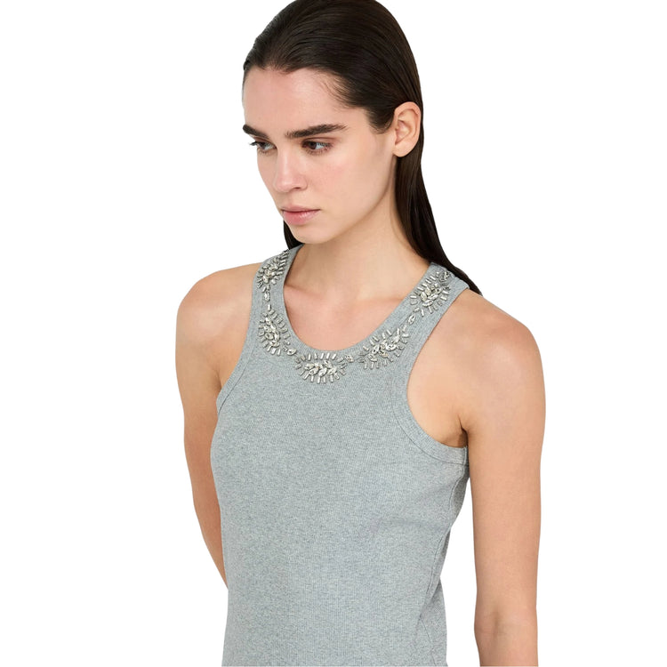 Top Donna con applicazioni gioiello Grigio modella frontale ravvicinata