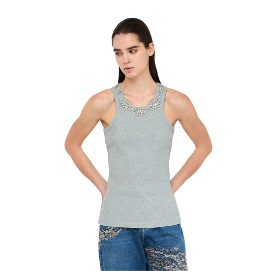 Top Donna con applicazioni gioiello Grigio modella frontale
