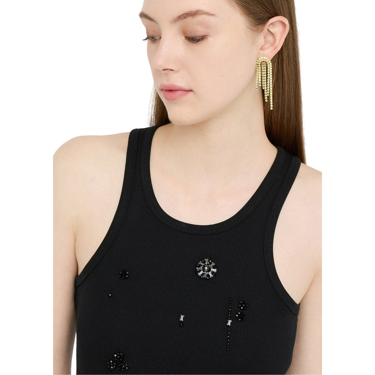 Top Donna Nero, lavorato a costine, con applicazioni frontali