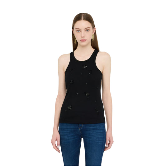 Top Donna Nero, lavorato a costine, con applicazioni frontali