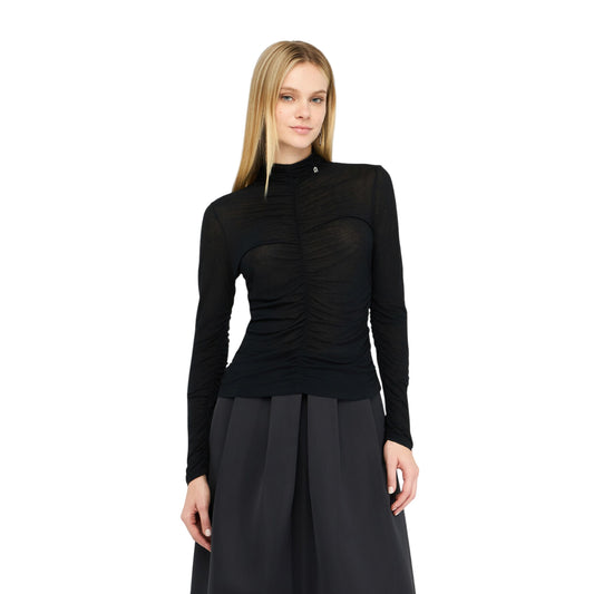 Top Donna arricciato in misto lana Nero modella frontale