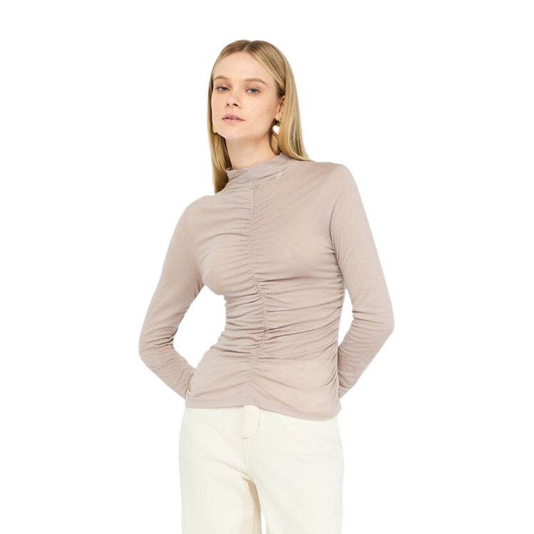 Top Donna arricciato in misto lana Beige modella frontale