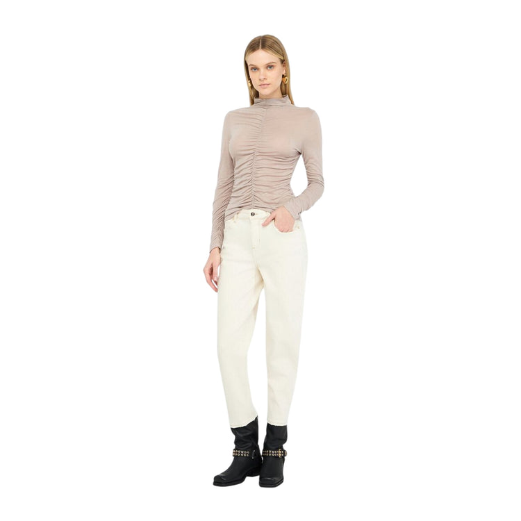 Top Donna arricciato in misto lana Beige modella intera frontale