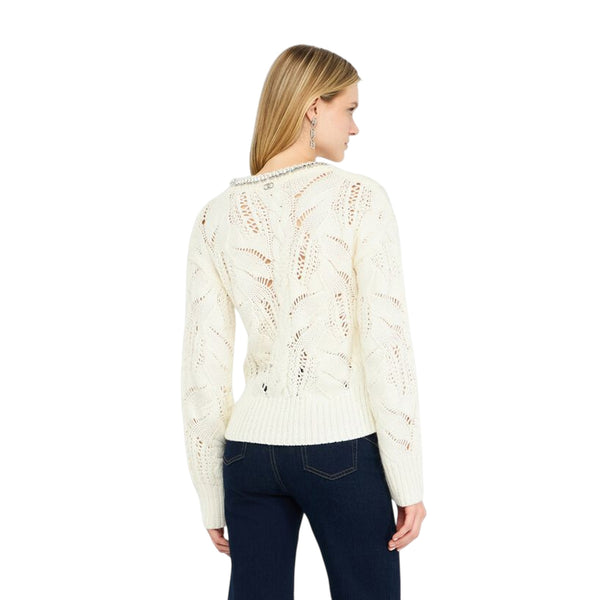 Maglione Donna traforato con gioiello al collo Bianco modella retro