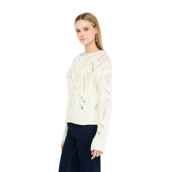 Maglione Donna traforato con gioiello al collo Bianco modella laterale
