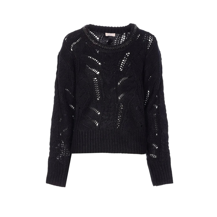 Maglione Donna traforato con gioiello al collo Nero