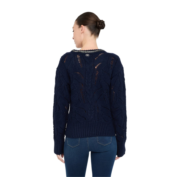 Maglione Donna traforato con gioiello al collo Blu modella retro