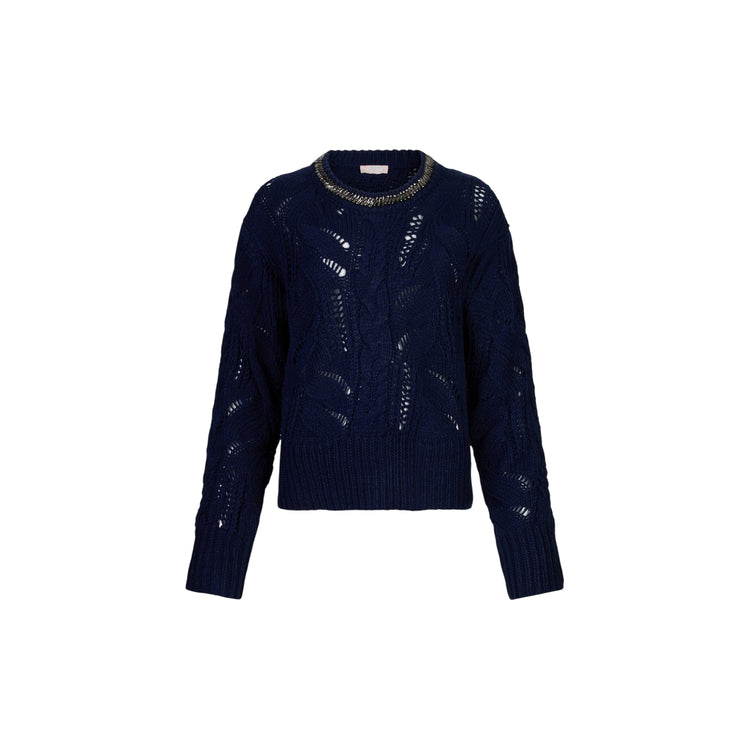 Maglione Donna traforato con gioiello al collo Blu