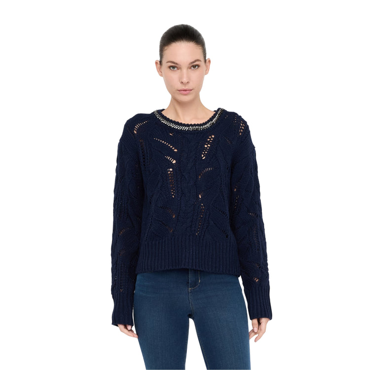 Maglione Donna traforato con gioiello al collo Blu modella frontale