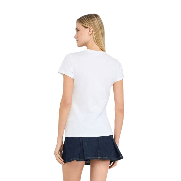 T-shirt Donna con stampa floreale, strass, logo modella retro