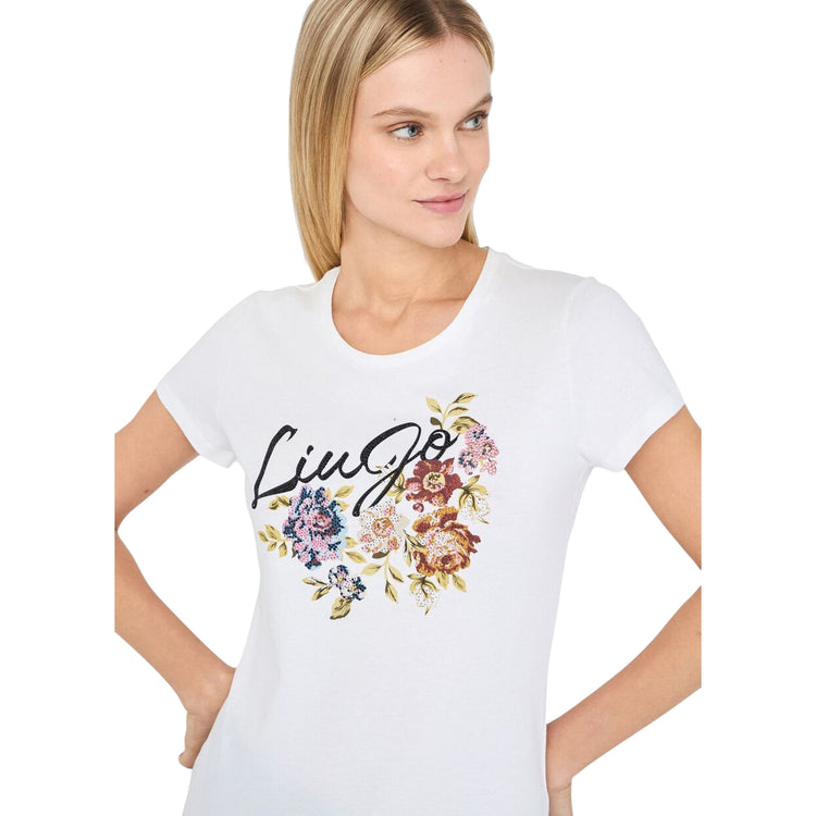 T-shirt Donna con stampa floreale, strass, logo modella frontale ravvicinata