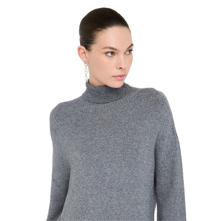 Abito Donna in maglia con micro paillettes Grigio modella frontale ravvicinata