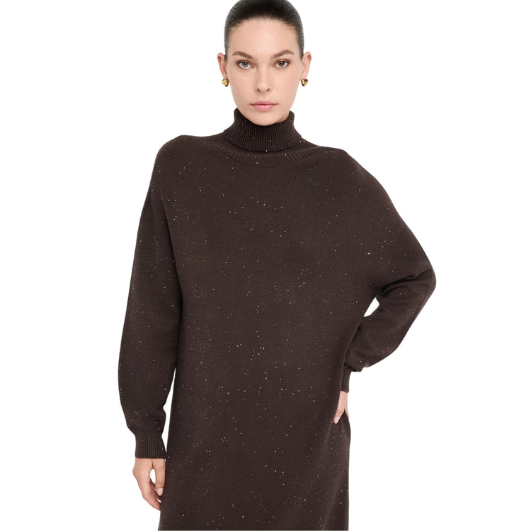 Abito Donna in maglia con micro paillettes Marrone modella frontale ravvicinata