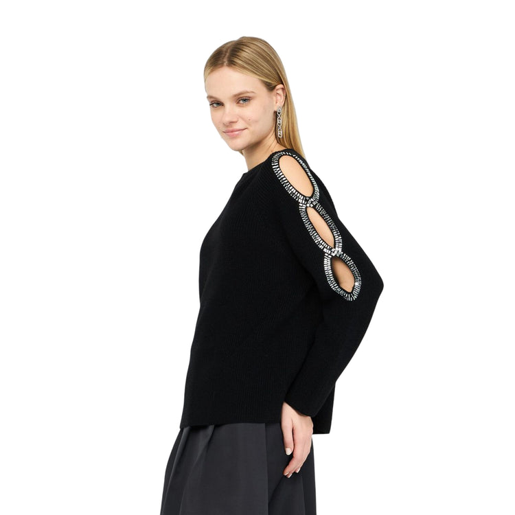 Maglia Donna con cut-out gioiello in nero modella laterale