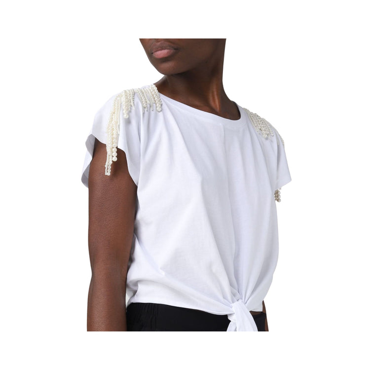 Women's T-shirt with beads on the shoulders