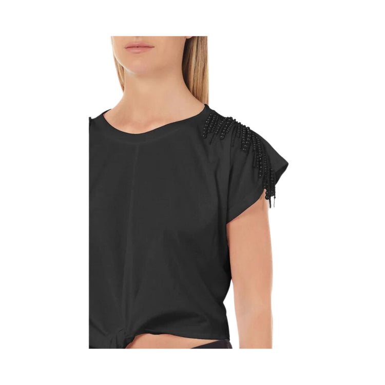 Women's T-shirt with beads on the shoulders