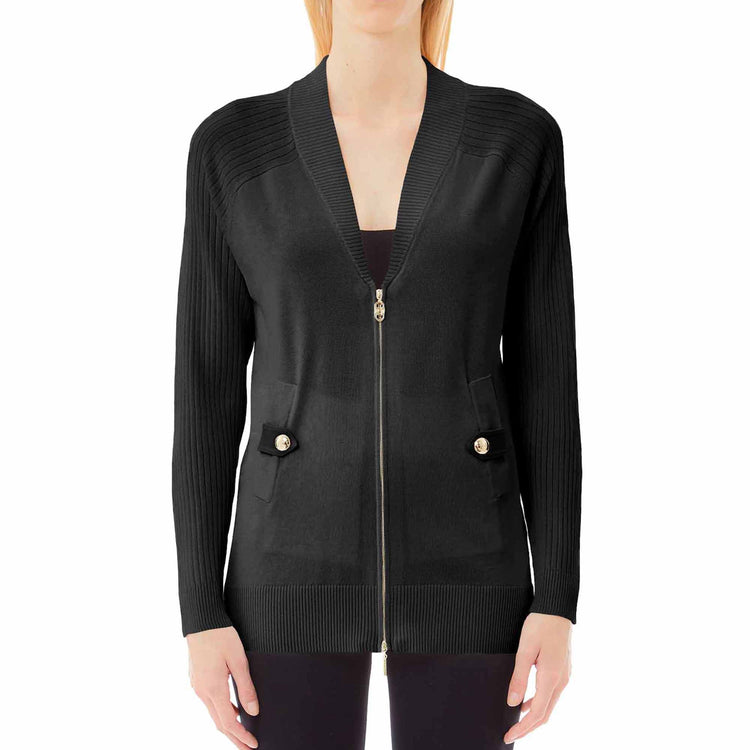 Cardigan Donna in maglia con zip Nero modella frontale