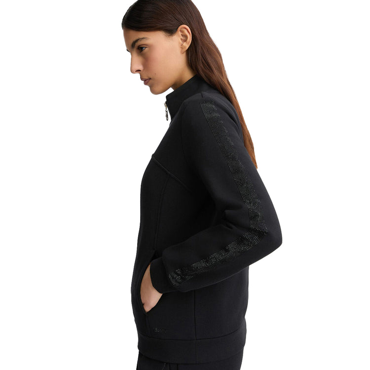 Felpa Donna con zip e strass Nero modella laterale