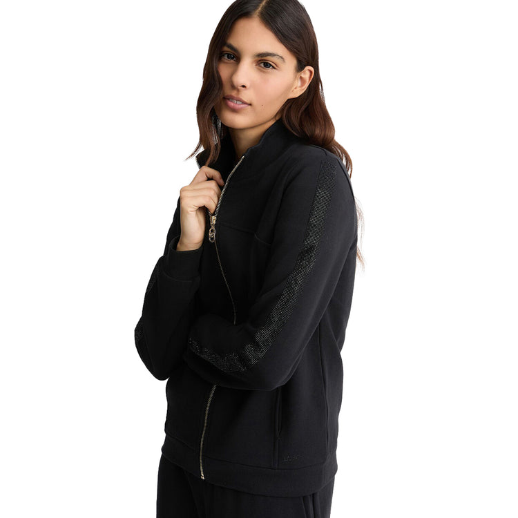 Felpa Donna con zip e strass Nero modella frontale