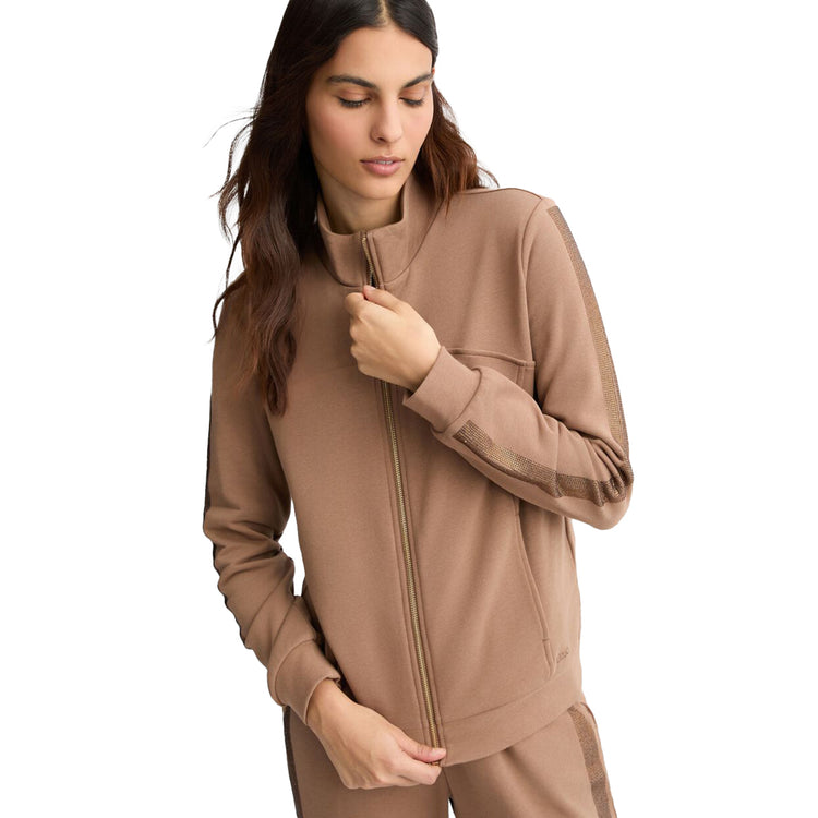 Felpa Donna con zip e strass Marrone modella frontale