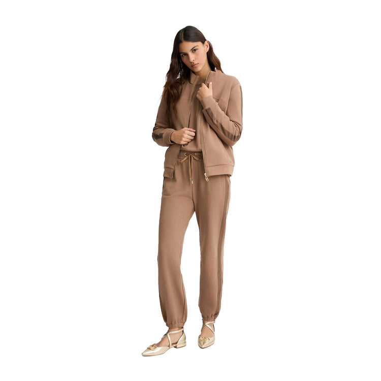 Felpa Donna con zip e strass Marrone modella frontale intera