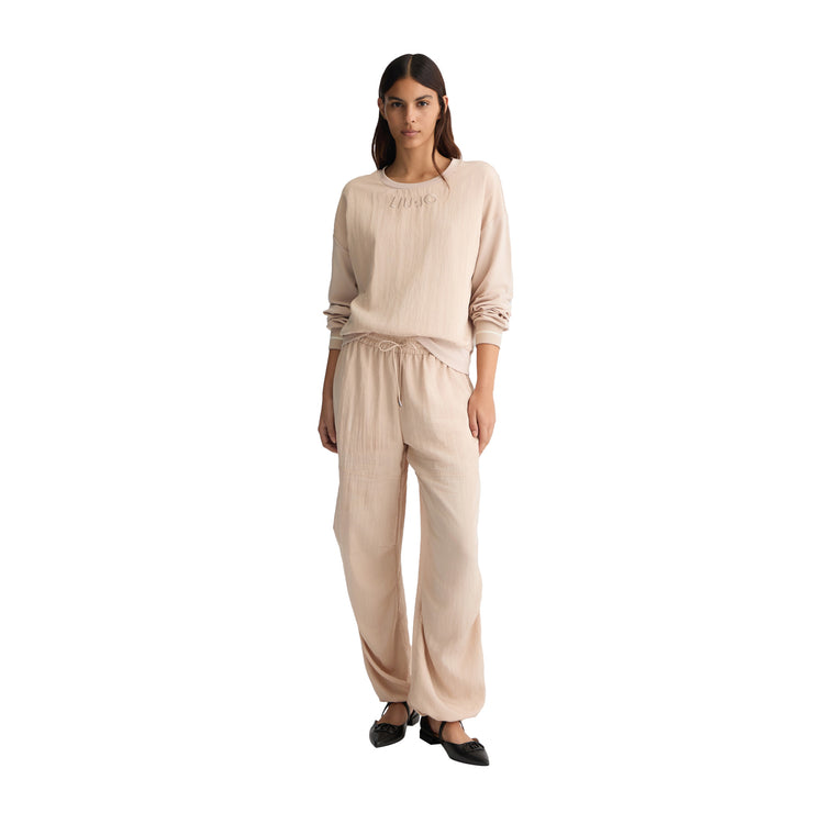 Felpa Donna con logo ricamato sur ton Beige modella intera frontale