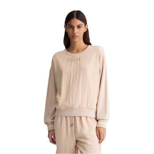 Felpa Donna con logo ricamato sur ton Beige modella frontale