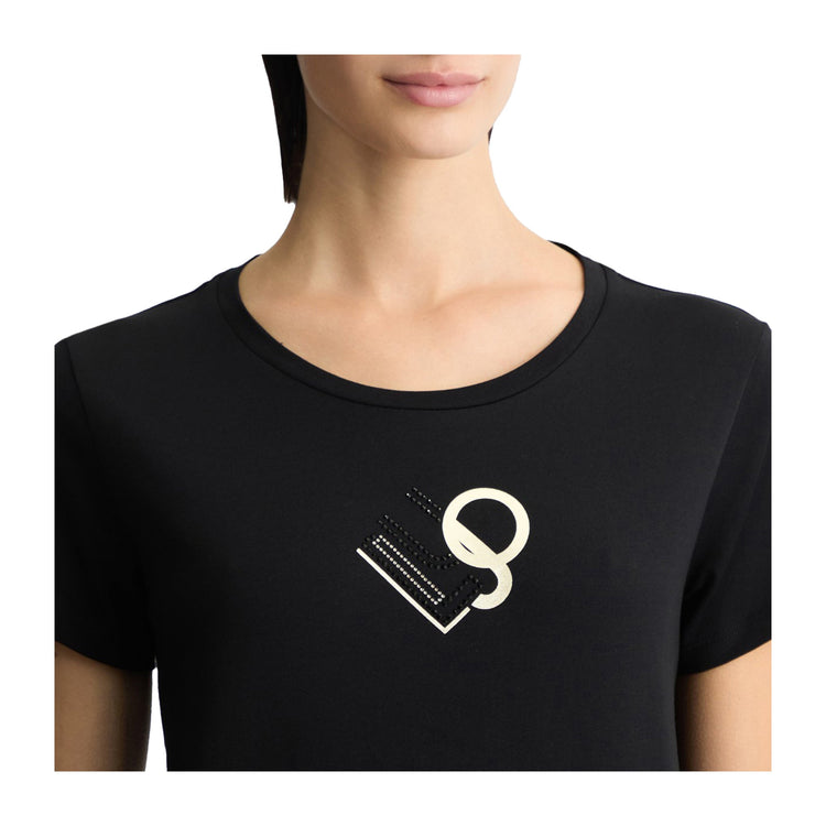 T-shirt Donna nera, in cotone elasticizzato, a maniche corte