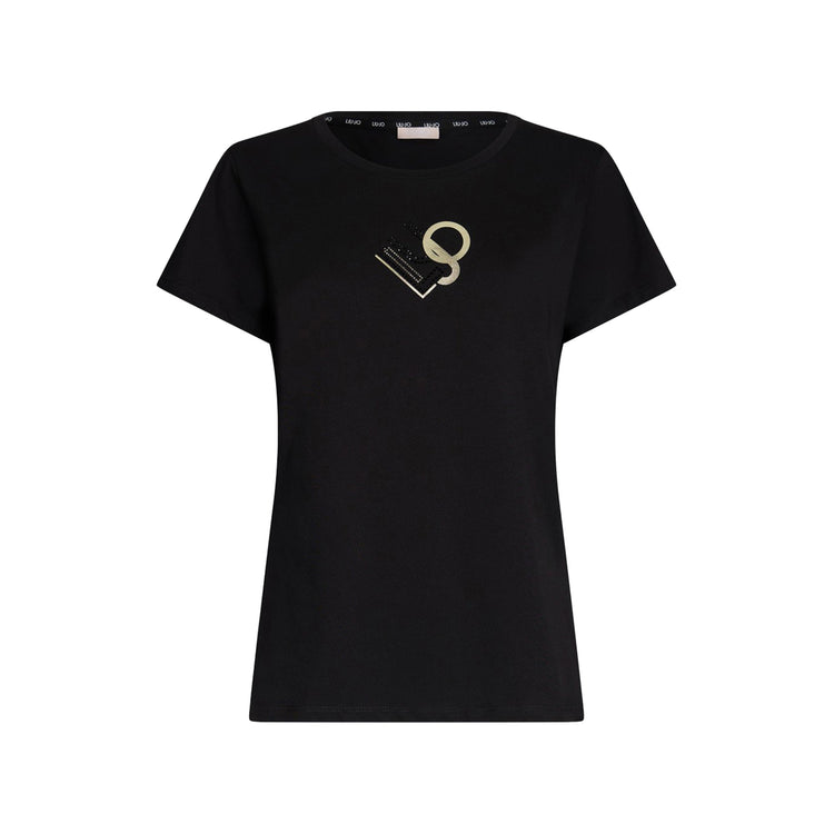 T-shirt Donna nera, in cotone elasticizzato, a maniche corte
