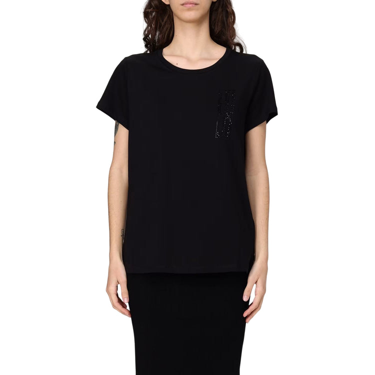 T-shirt Donna nera in cotone con fondo con orlo dritto