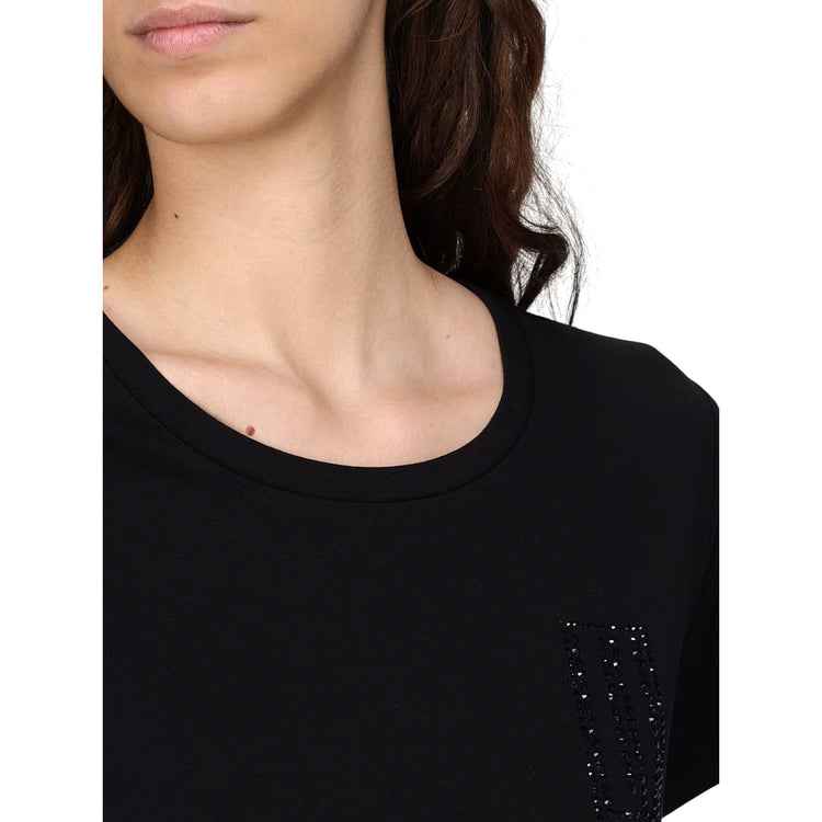 T-shirt Donna nera in cotone con fondo con orlo dritto