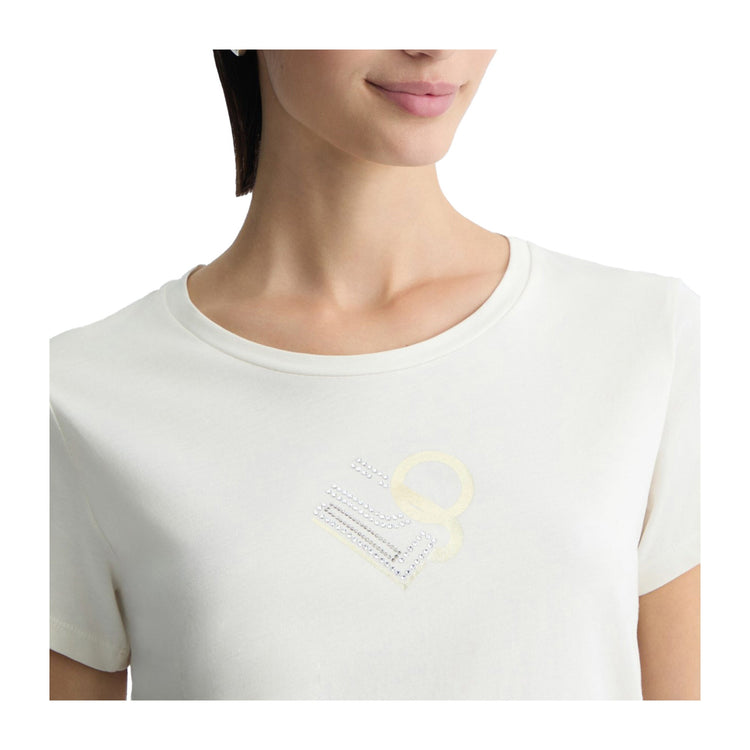 T-shirt Donna bianca, in cotone elasticizzato, con maniche corte