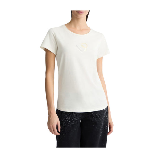 T-shirt Donna bianca, in cotone elasticizzato, con maniche corte