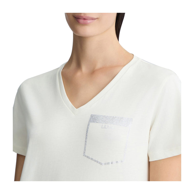 T-shirt Donna bianca con finto taschino sul petto e scollatura girocollo