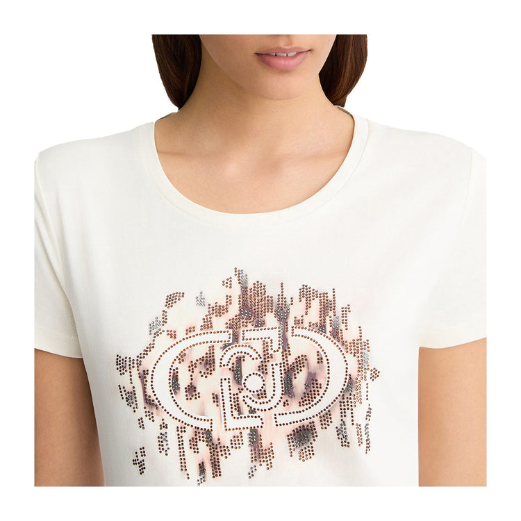 T-shirt Donna logo animalier con strass dettaglio