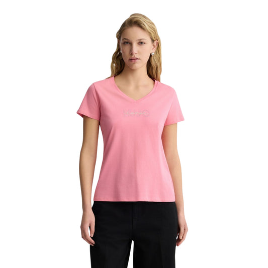 T-shirt Rosa da Donna con scollo a V e strass modella frontale